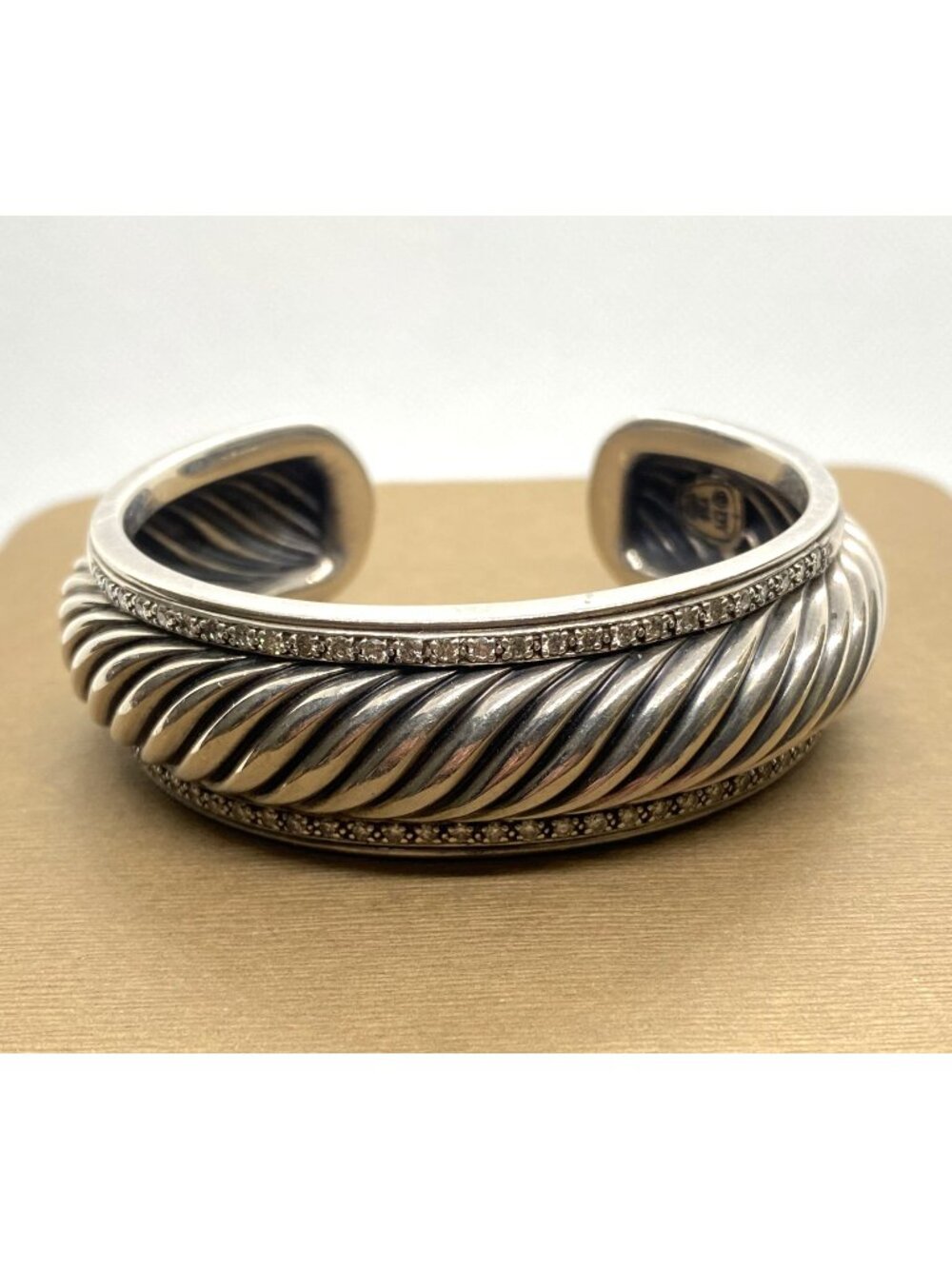 David Yurman 925 Sterling Silver Diamonds Sculpted Cable Cuff 20mm Wide